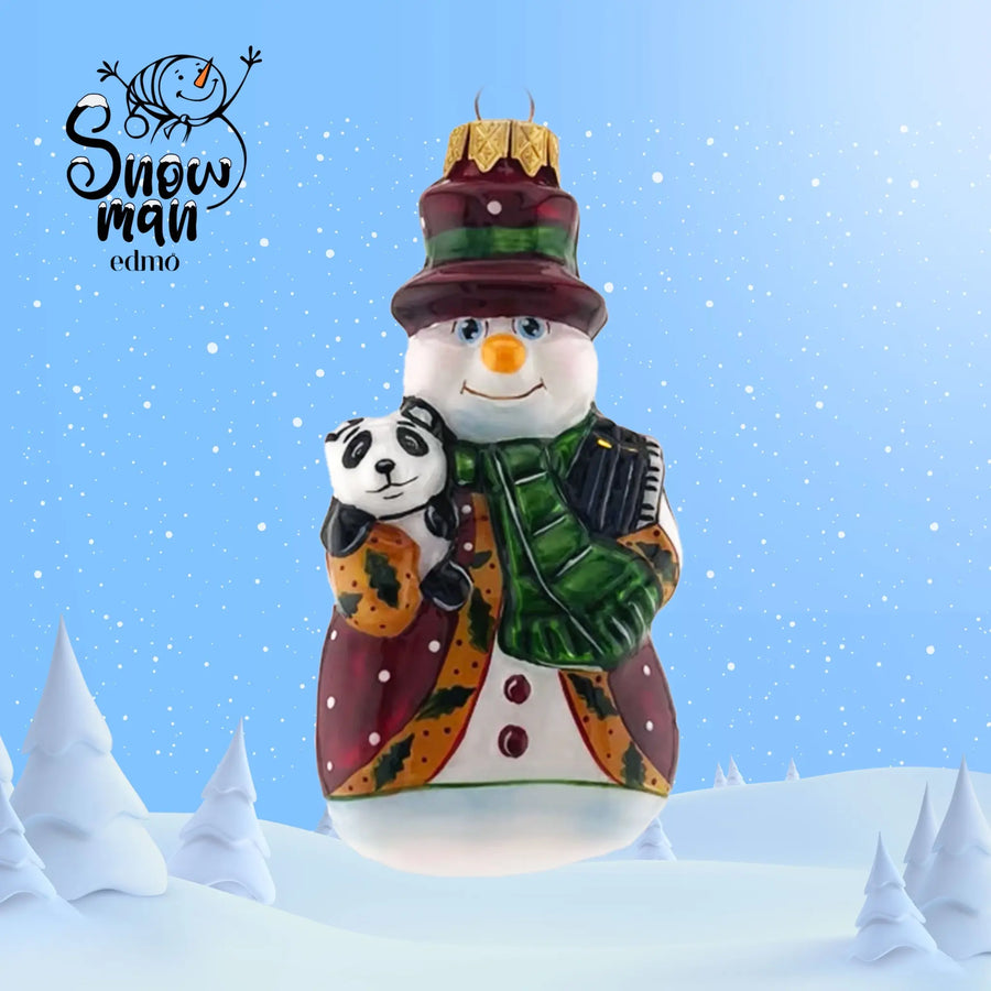 Snowman With Pet - Glass Xmas Ornament Handmade Handcrafted