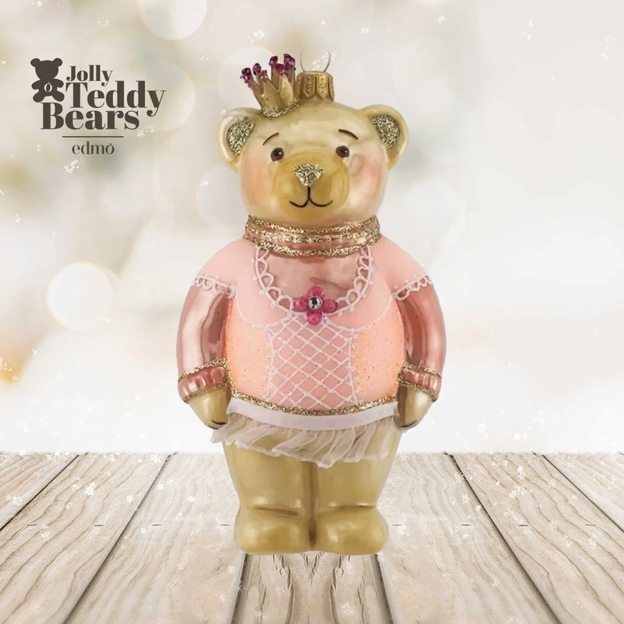 Teddy Bear Ballerina - Glass Xmas Ornament Handmade Handcrafted