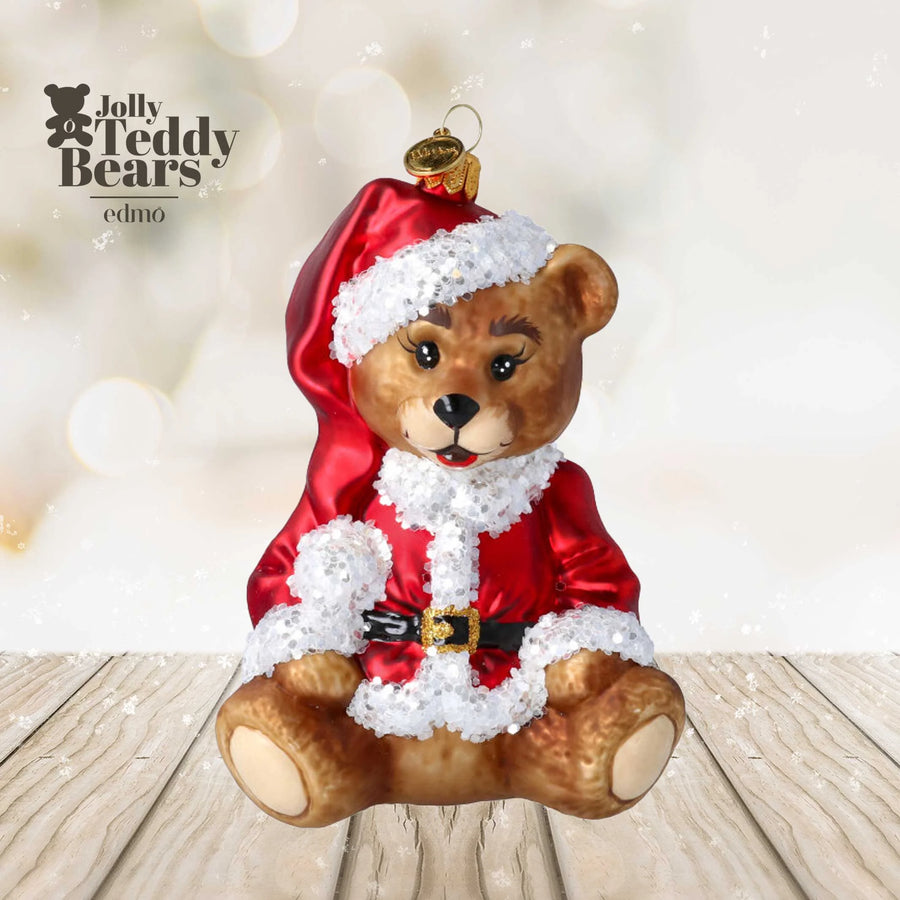 Teddy Bear In Santa Suit - Glass Halloween Ornament - Handmade - Handcrafted