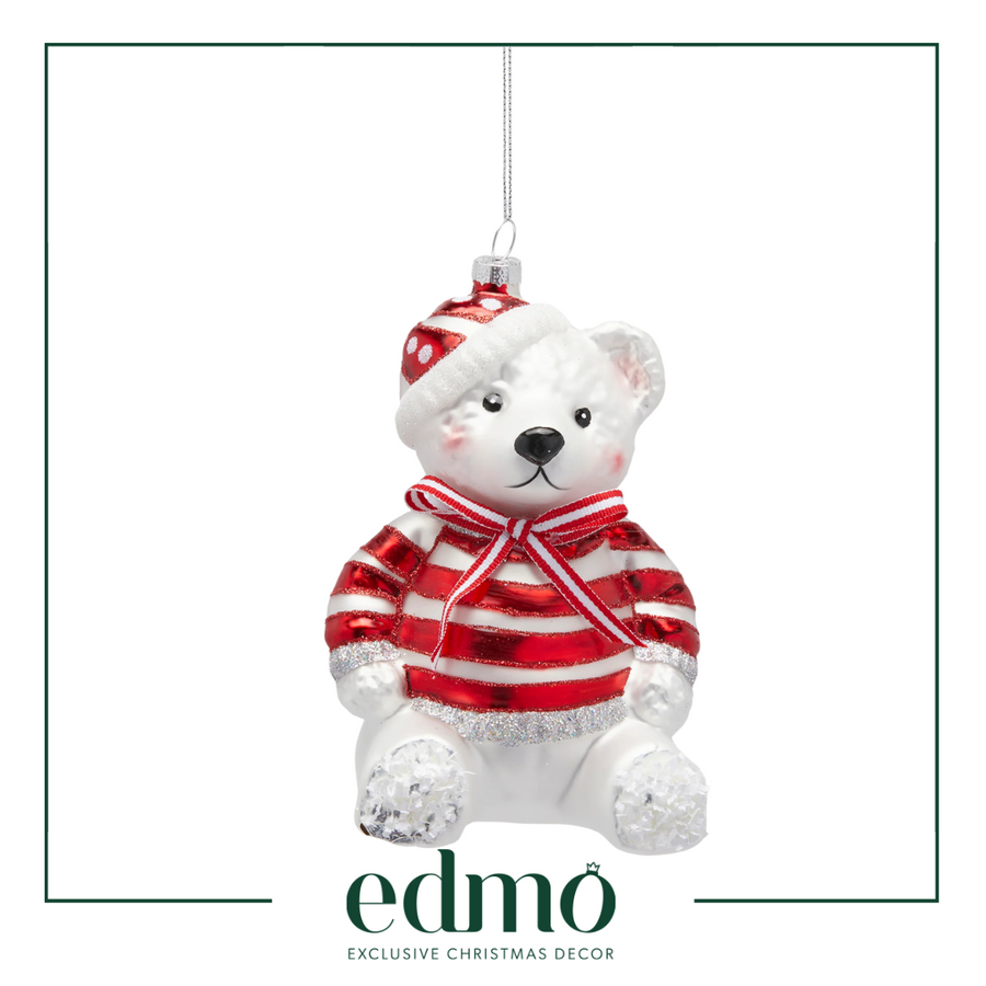 Teddy Bear with Striped Sweater - Glass Xmas Ornament - Handmade - Handcrafted