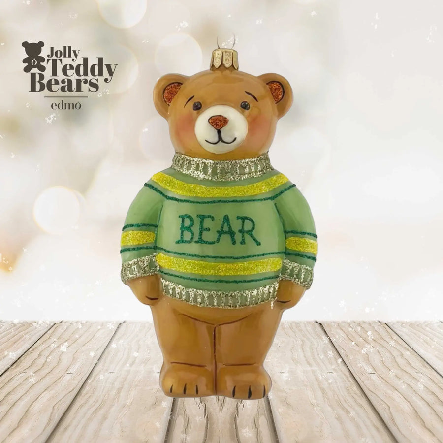 Teddy In Green ’bear’ Sweater - Glass Xmas Ornament Handmade Handcrafted