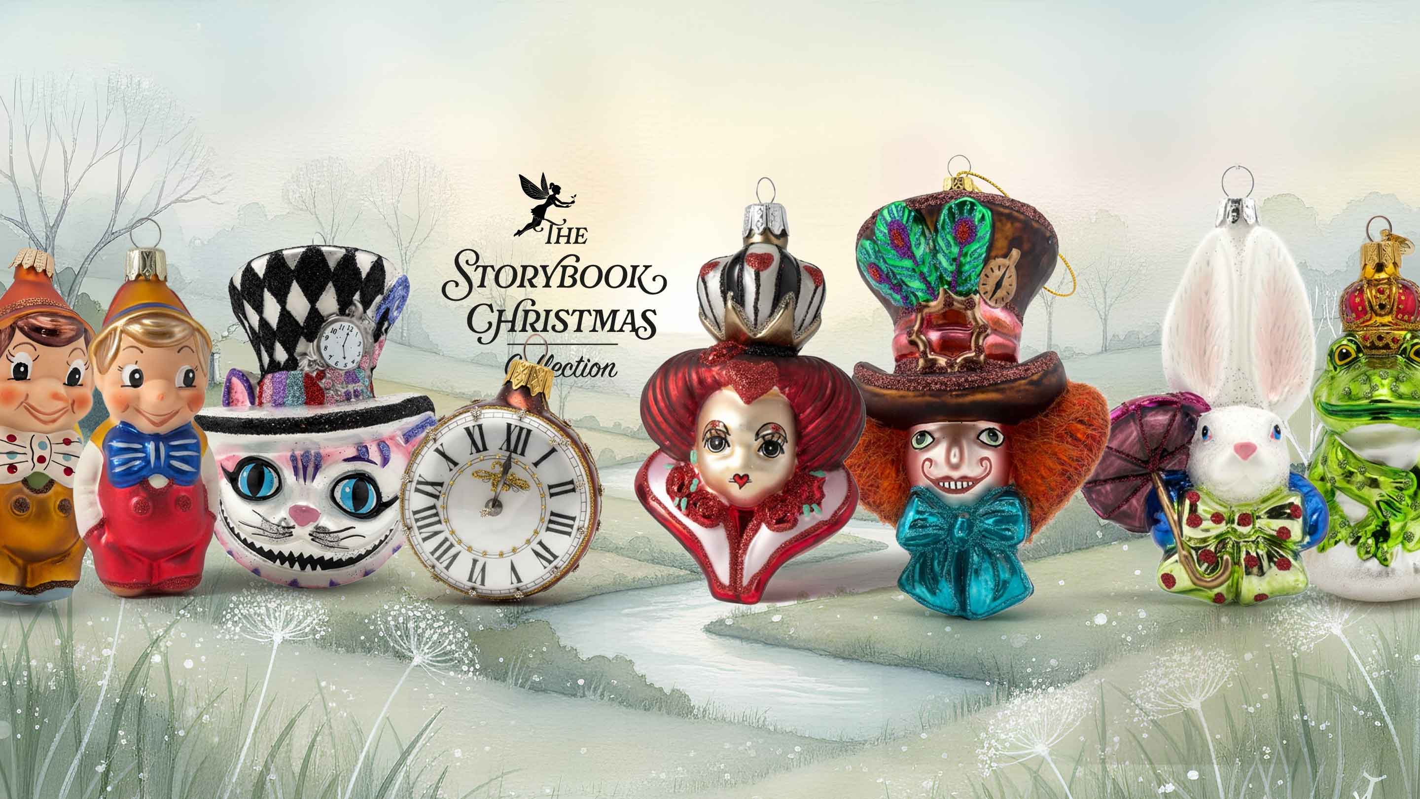 Hand-painted glass Christmas ornaments from Edmo’s Storybook Collection — inspired by Snow White, Pinocchio, and classic fairy tales.