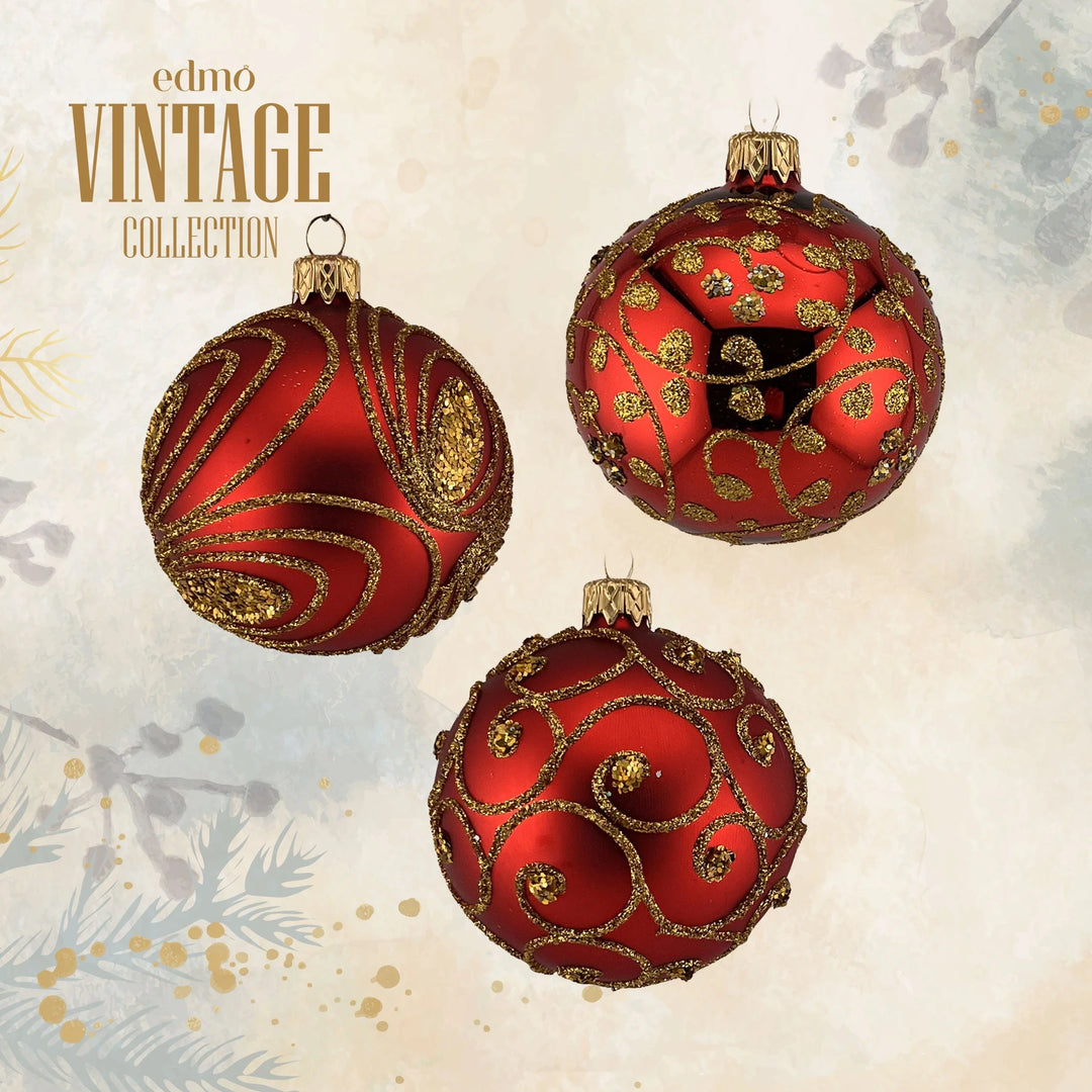 Vintage Glass Balls Red/gold Set - Glass Xmas Ornament - Handmade - Handcrafted