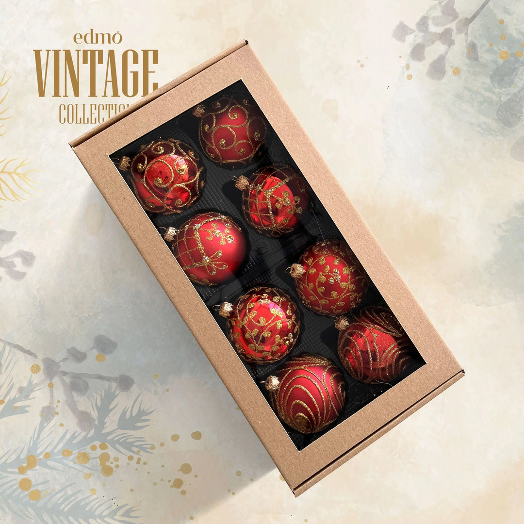 Vintage Glass Balls Red/gold Set - Glass Xmas Ornament - Handmade - Handcrafted