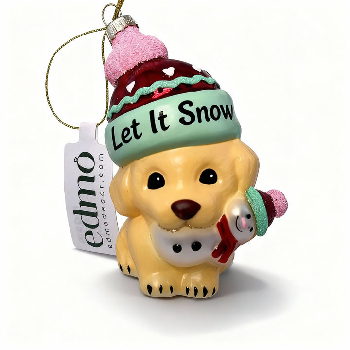Handcrafted European glass Christmas ornament featuring a cute dog wearing a festive hat with 'Let It Snow' inscription, perfect for adding charm to holiday decor