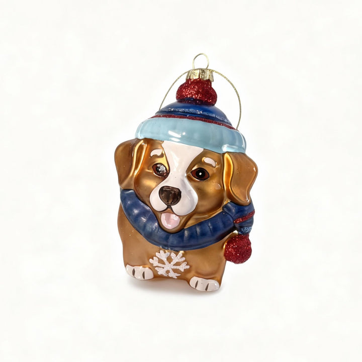Glass dog Christmas ornament with scarf and hat, exclusive holiday decoration for edmodecor.com
