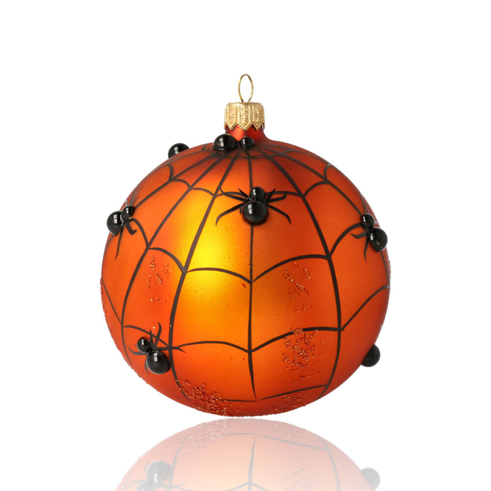 halloween-orange-glass-ball-spiderweb-black-spiders-handmade-poland