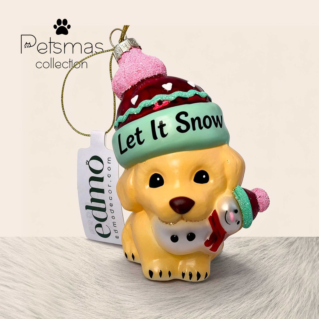 Cute dog wearing festive hat glass Christmas ornament with Let It Snow inscription