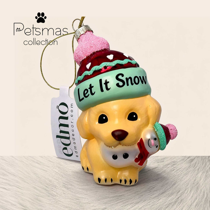 Cute dog wearing festive hat glass Christmas ornament with Let It Snow inscription