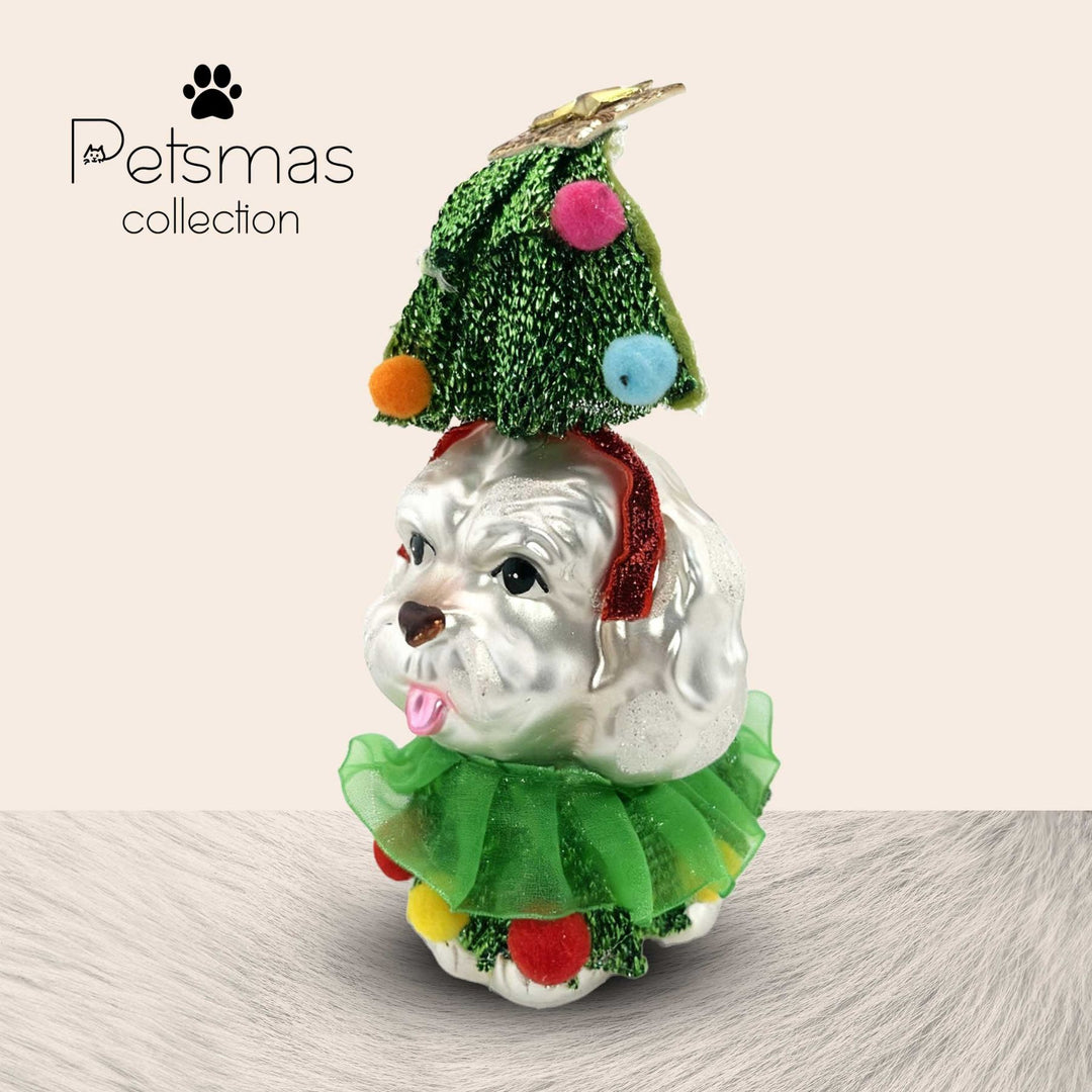 Maltese puppy dressed as Christmas tree handmade glass ornament, exclusive holiday decor