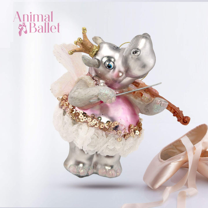 Glass Christmas ornament shaped as a hippo ballerina playing violin, exclusive hand-painted pink skirt decoration, edmodecor.com