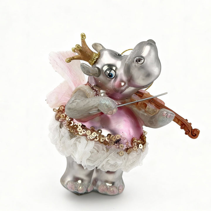 Glass Christmas ornament shaped as a hippo ballerina playing violin, exclusive hand-painted pink skirt decoration, edmodecor.com