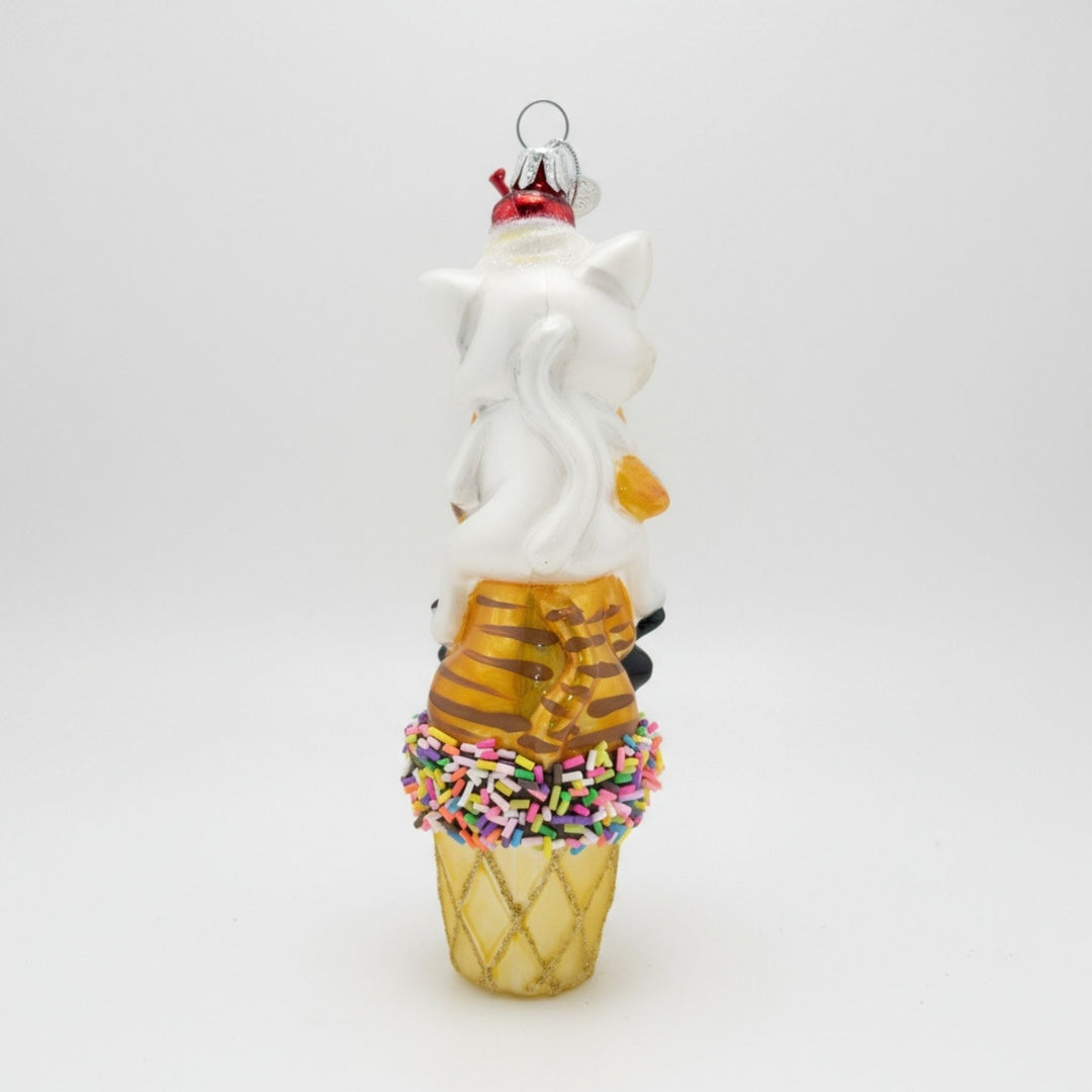 Back view of the three kittens stacked on an ice cream cone handmade Christmas glass ornament.