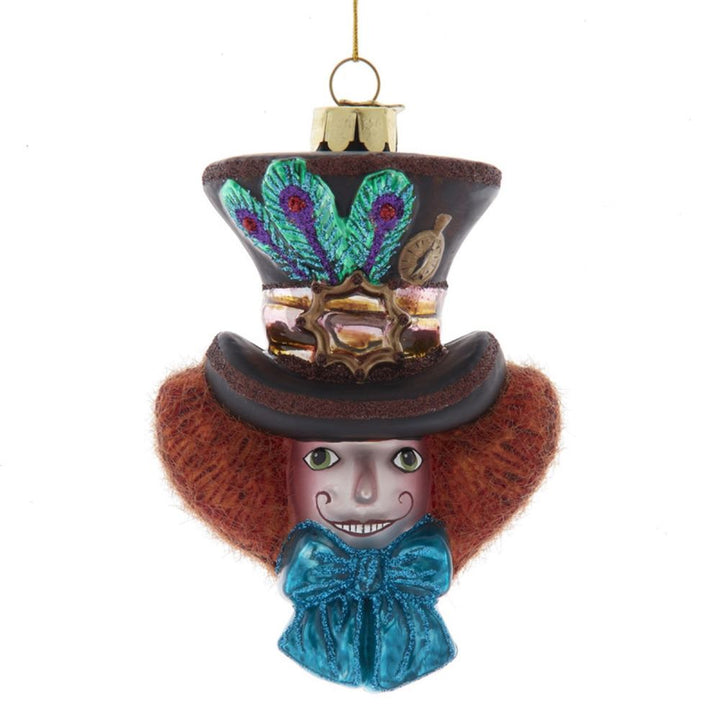 Front view of the Mad Hatter glass ornament head from Alice in Wonderland, hand-painted and handcrafted.