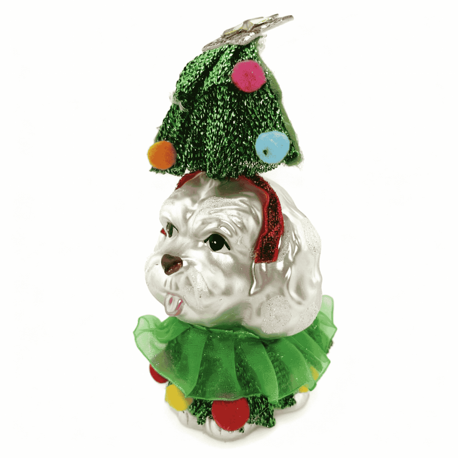 Handmade glass Christmas ornament featuring a Maltese dog dressed as a Christmas tree, exclusive holiday decoration on white background