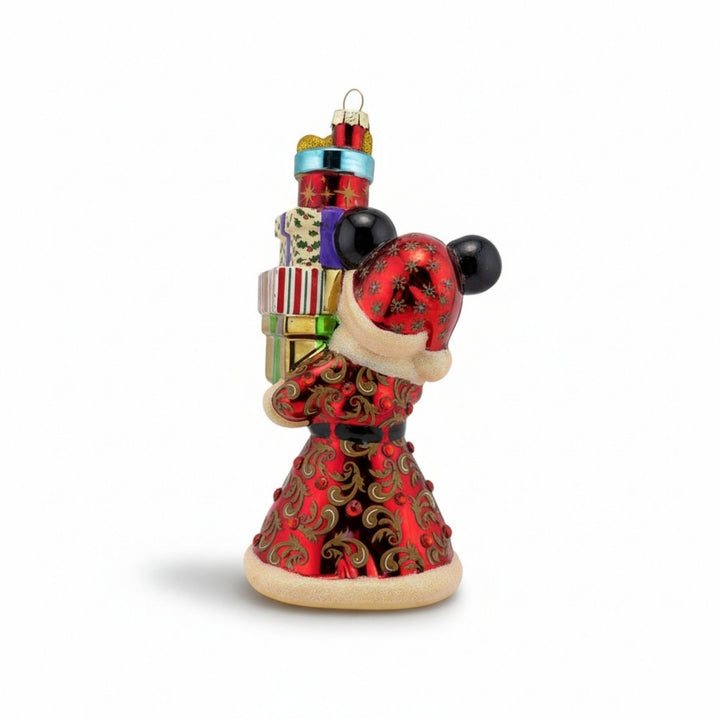Back view of Mickey Mouse carrying Christmas gifts hand-painted glass ornament