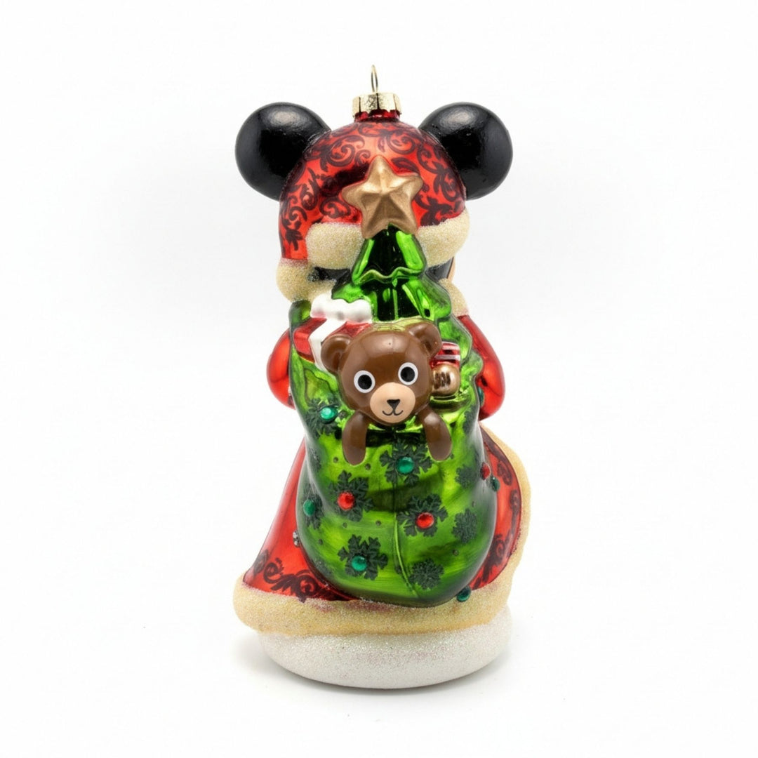 Back view of Mickey Mouse Santa Claus hand-painted glass Christmas ornament