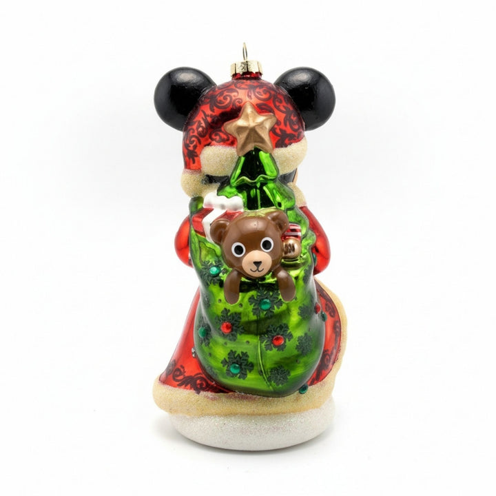 Back view of Mickey Mouse Santa Claus hand-painted glass Christmas ornament