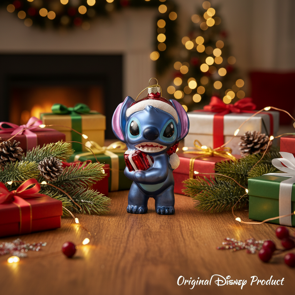 Ornamento natalizio Disney in vetro dipinto a mano raffigurante Stitch con cappello da Babbo Natale che tiene un regalo, decorazione per albero di Natale