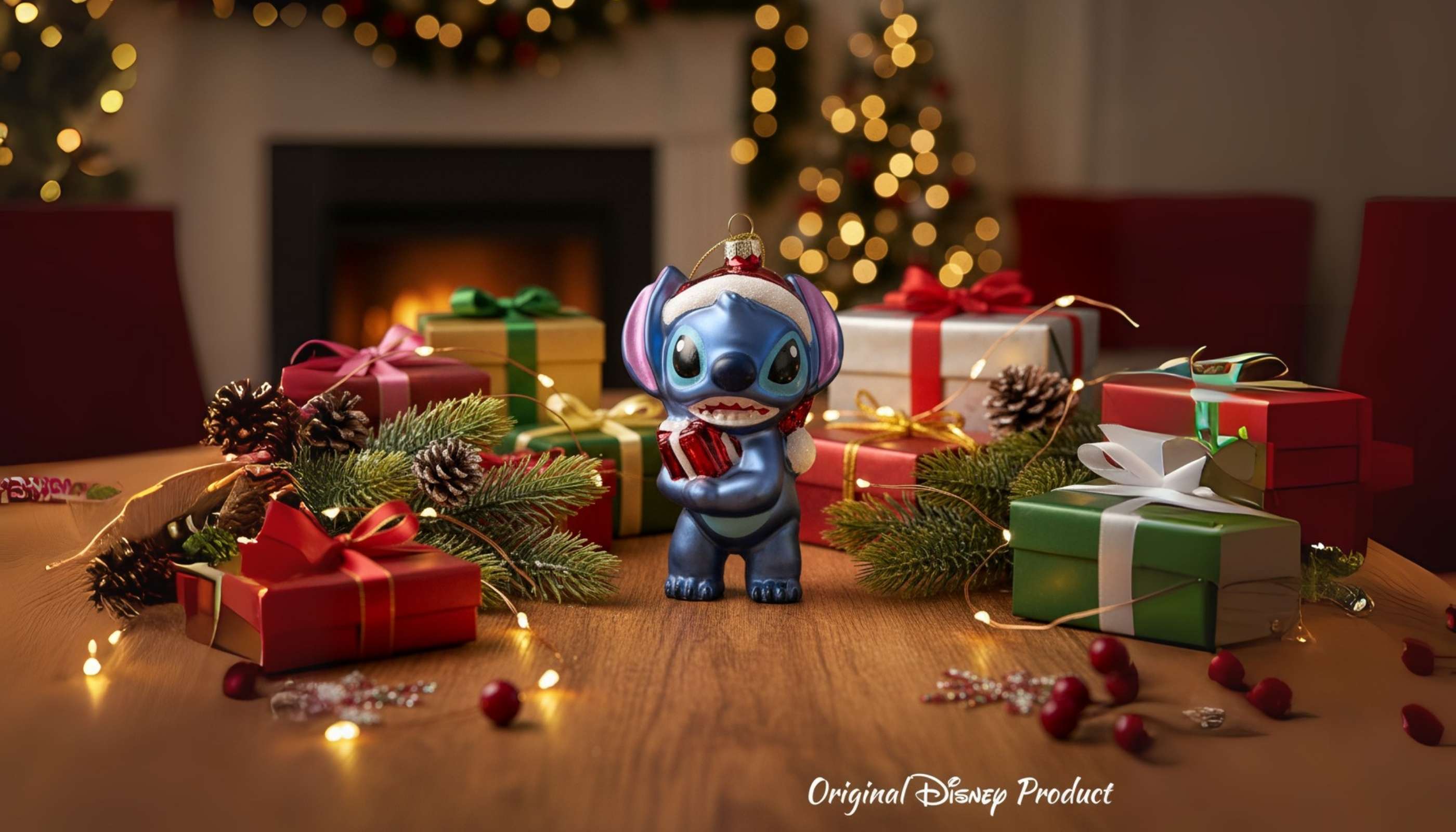 Ornamento natalizio Disney in vetro dipinto a mano raffigurante Stitch con cappello da Babbo Natale che tiene un regalo, decorazione per albero di Natale