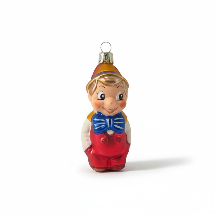Pinocchio Christmas glass ornament with red pants handcrafted by Edmo