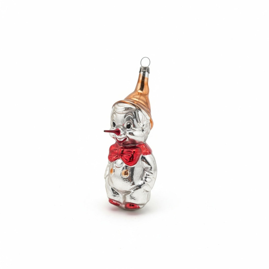 Silver vintage Pinocchio hand-blown glass Christmas ornament by Edmo