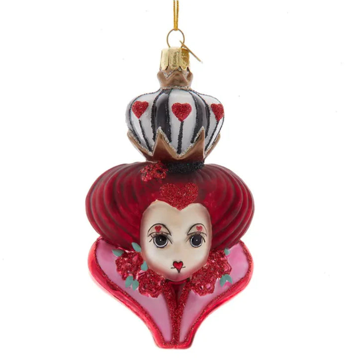 Front view of the Queen of Hearts glass ornament head, hand-painted with crown and red heart details.