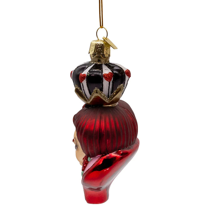 Side view of the Queen of Hearts handmade glass ornament showing golden crown and detailed profile.