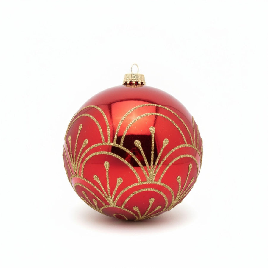 Red Christmas glass ornament with golden bow decorations by Edmo