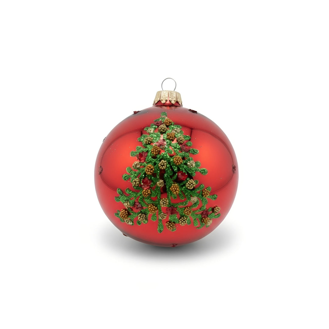 Red Christmas glass ornament with golden bow decorations by Edmo