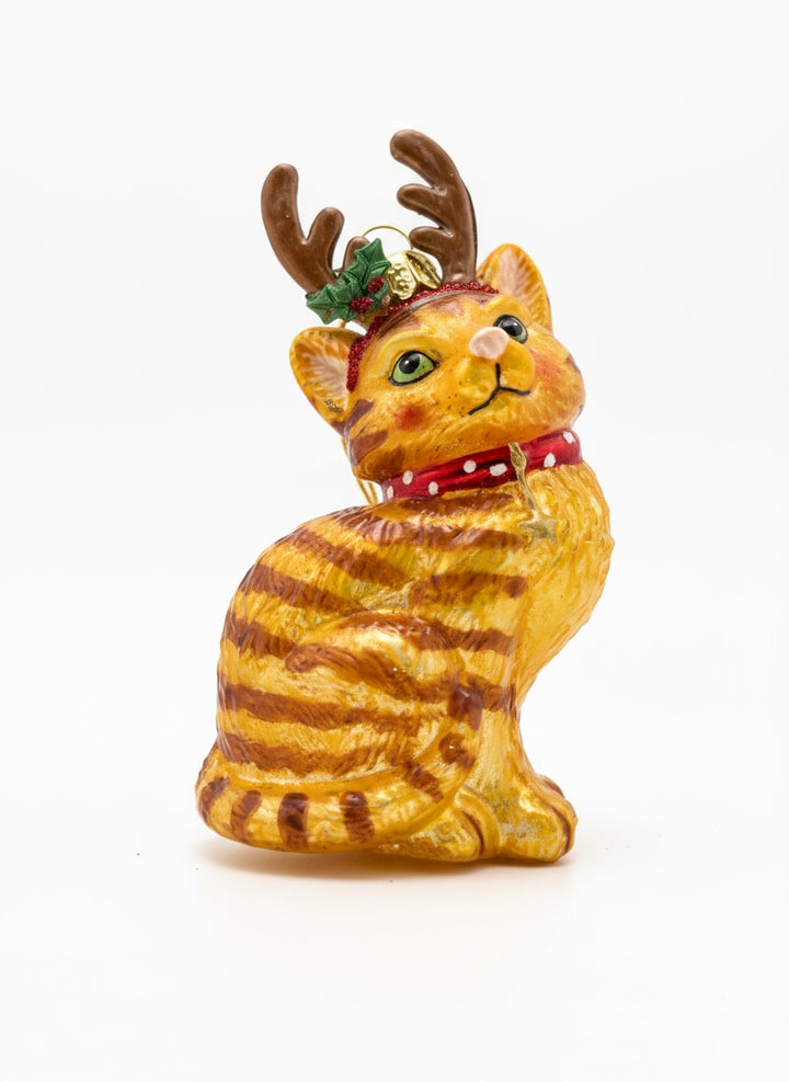 Red kitten with reindeer antlers handmade glass Christmas ornament by Edmo