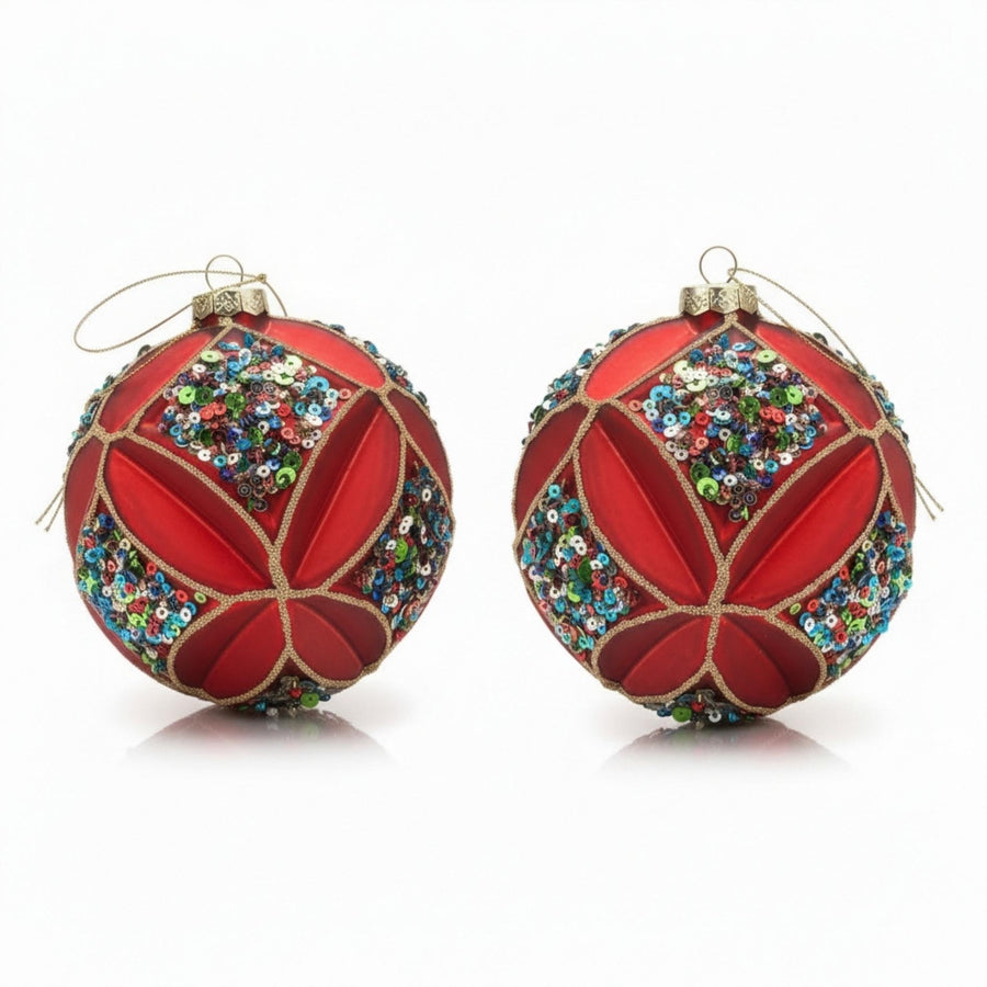Red Velvet Glass Baubles Set – handmade glass Christmas ornaments with velvet effect and sequins