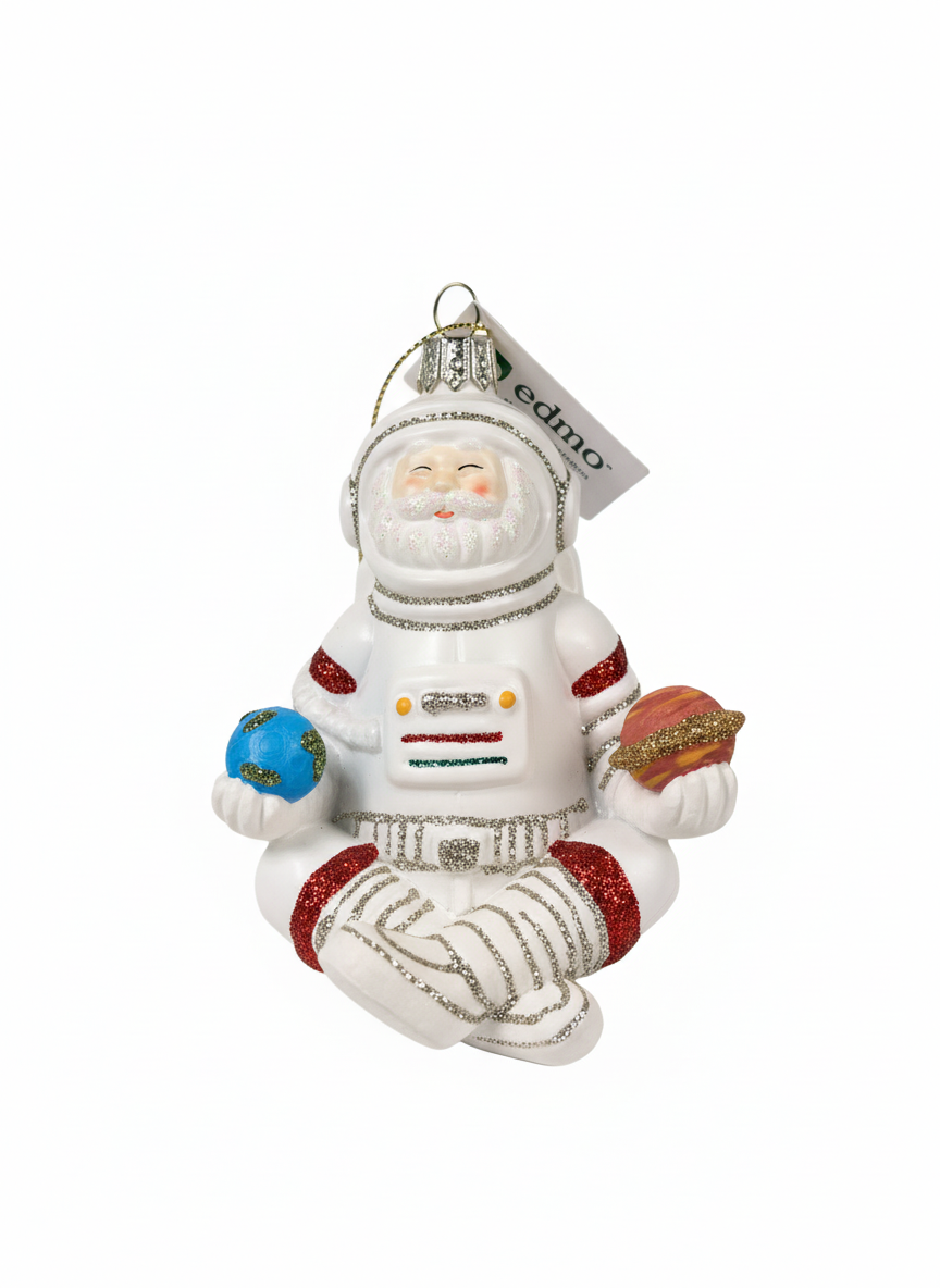 Handcrafted glass Christmas ornament featuring Santa Claus in a white astronaut suit holding planets