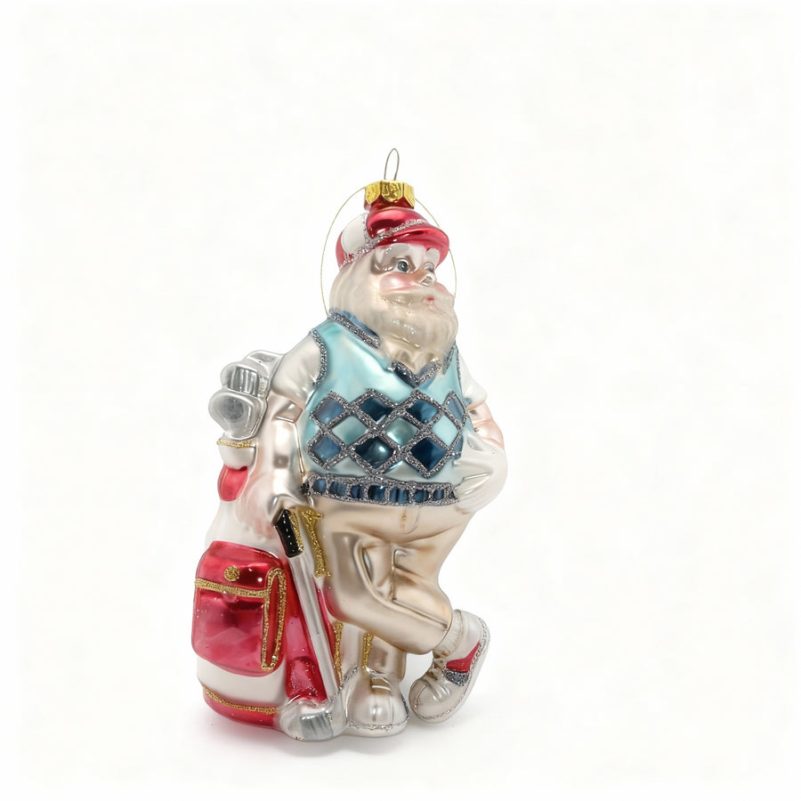 Hand-painted glass Christmas ornament of Santa Claus playing golf.