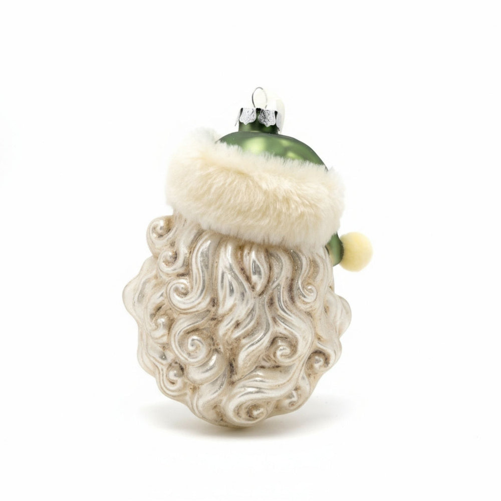 Hand-painted glass Christmas ornament depicting Santa's face with a green hat and white fur trim