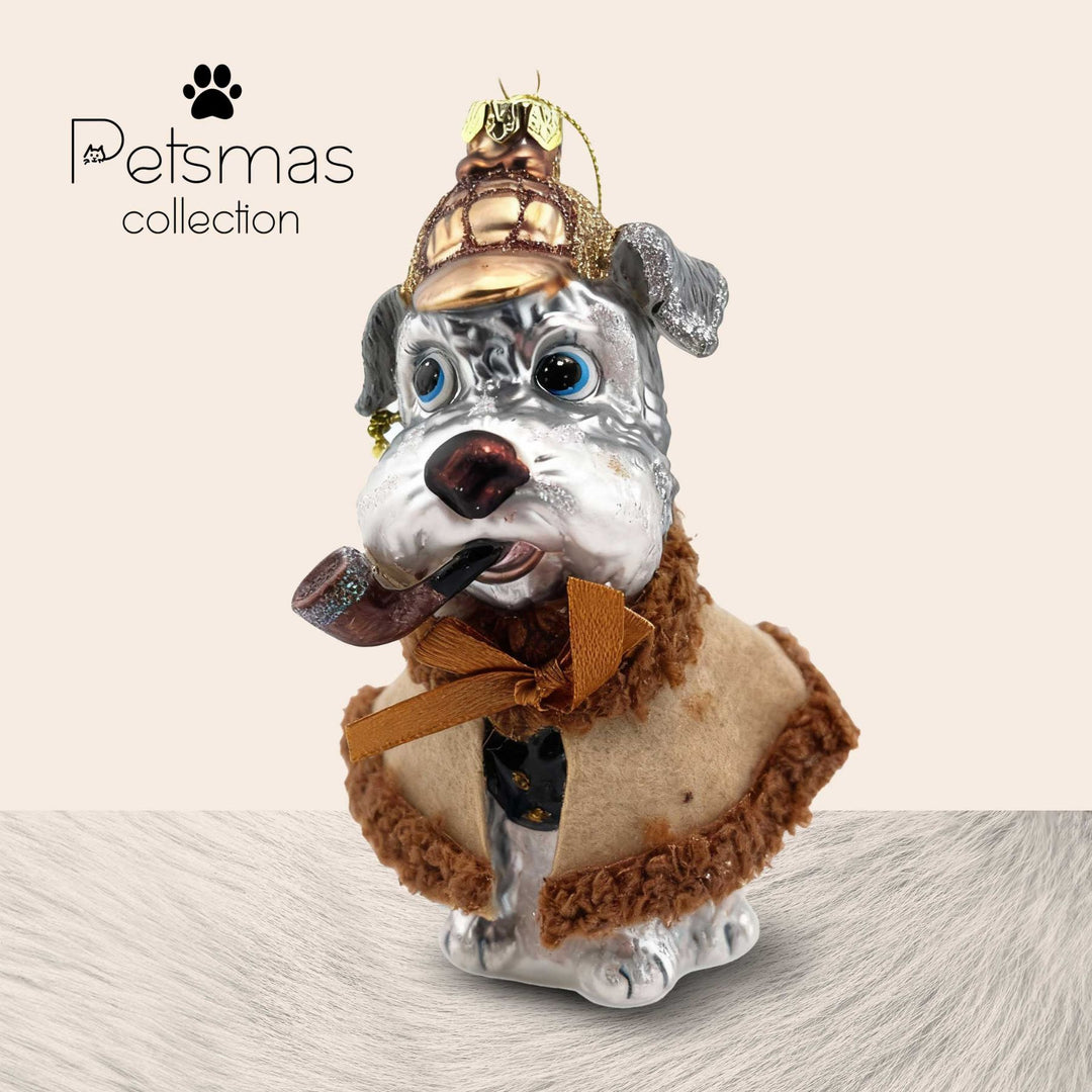 Handcrafted blown glass schnauzer Christmas ornament dressed as detective with pipe and hat