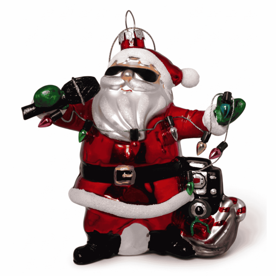Handcrafted European glass Christmas ornament featuring Santa Claus singing with a microphone