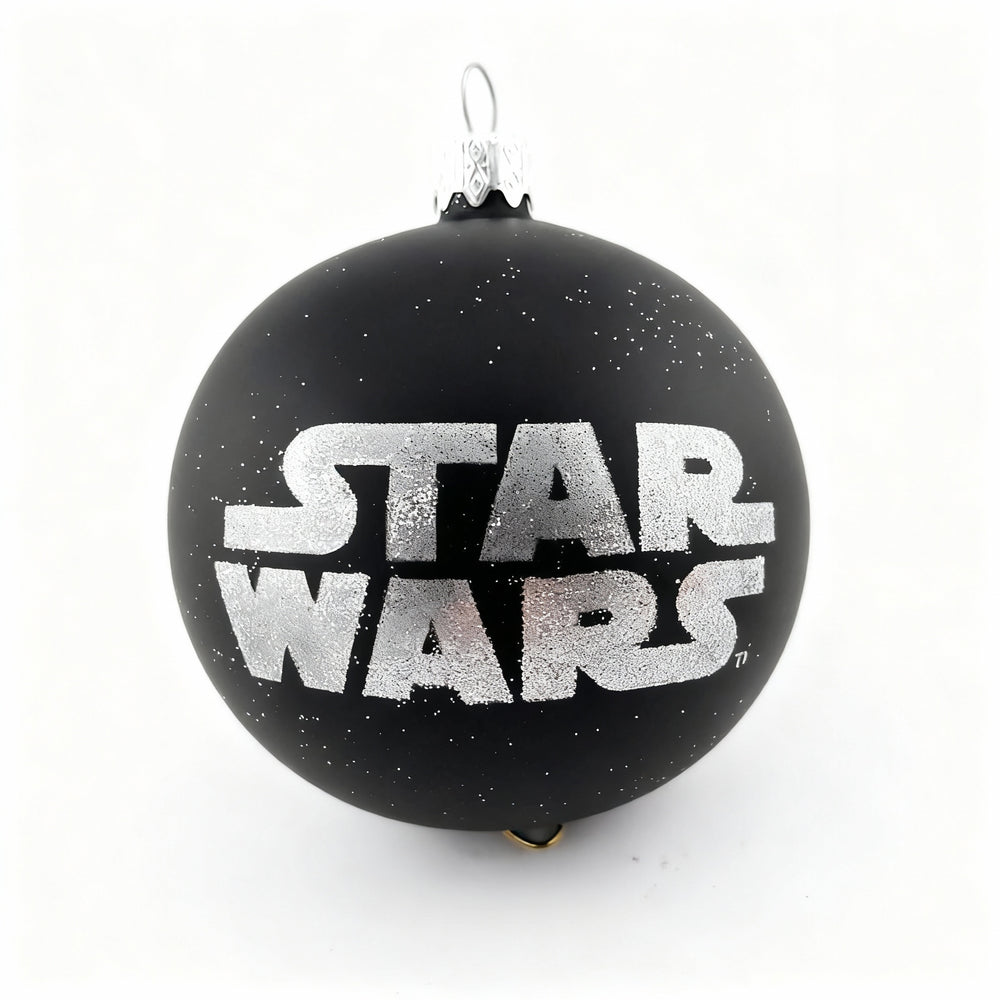 Exclusive Star Wars black glass Christmas ornament with glitter Star Wars logo. Perfect collectible holiday decoration for fans and collectors.