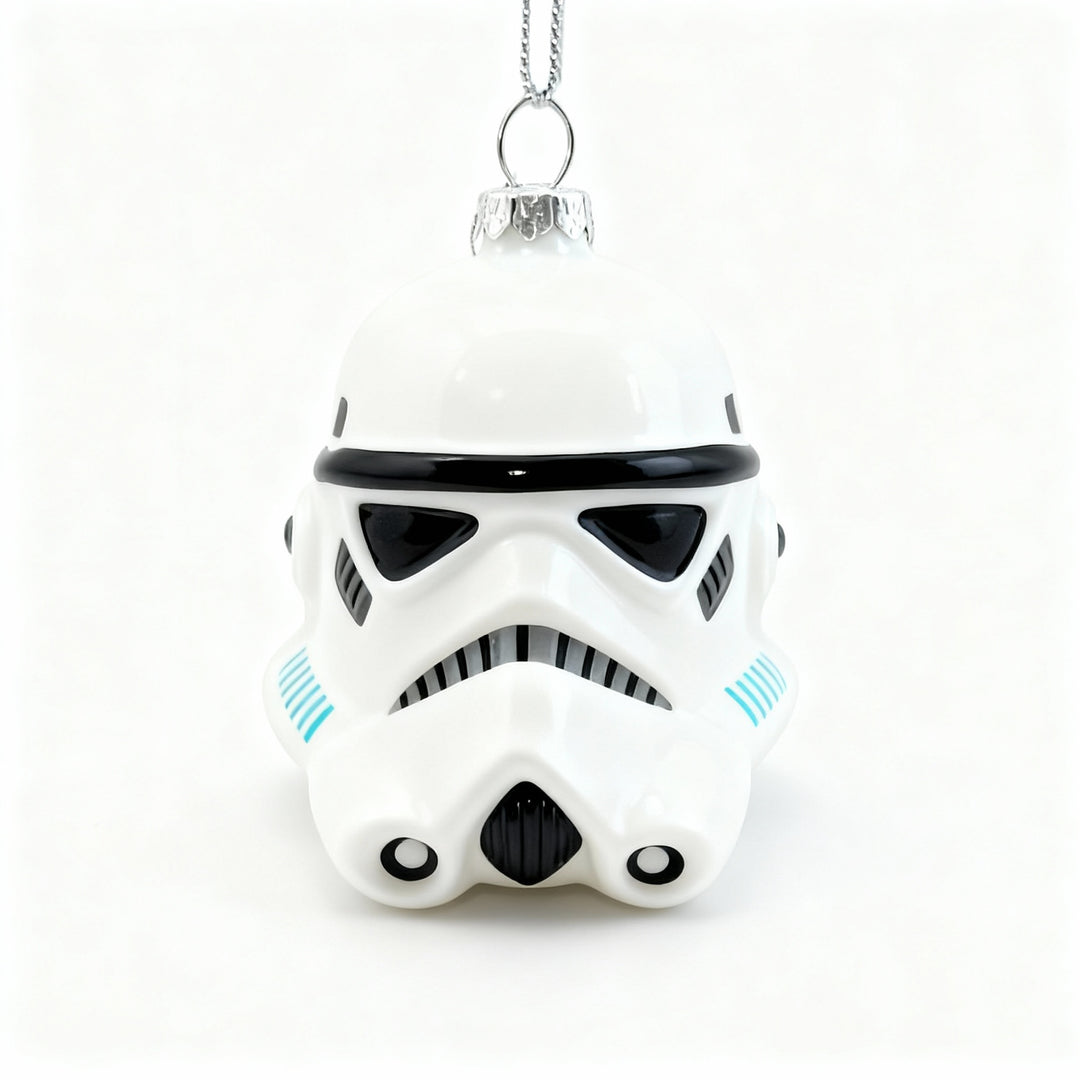 Authentic Star Wars Imperial Guard helmet Christmas ornament in white glass. Elegant and unique holiday decoration for Star Wars enthusiasts.