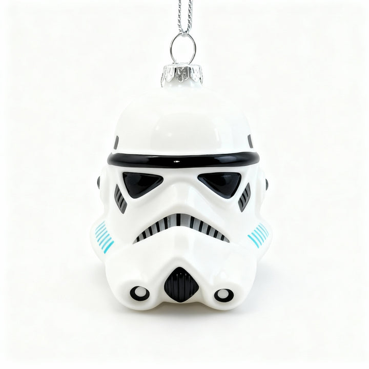 Authentic Star Wars Imperial Guard helmet Christmas ornament in white glass. Elegant and unique holiday decoration for Star Wars enthusiasts.