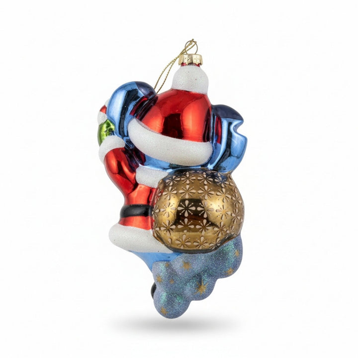 Back view of Stitch Santa Claus hand-painted glass Christmas ornament