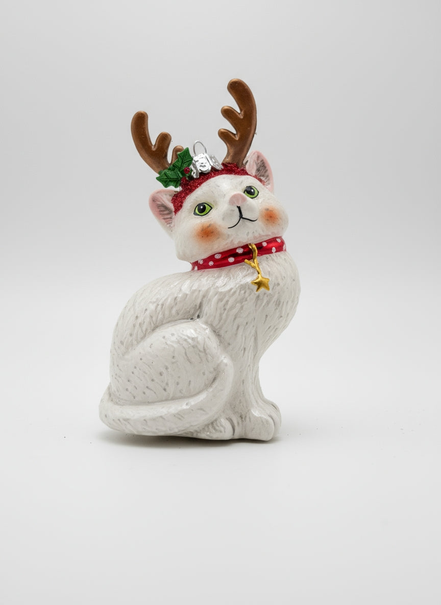White kitten wearing reindeer antlers handcrafted glass Christmas ornament from Edmo