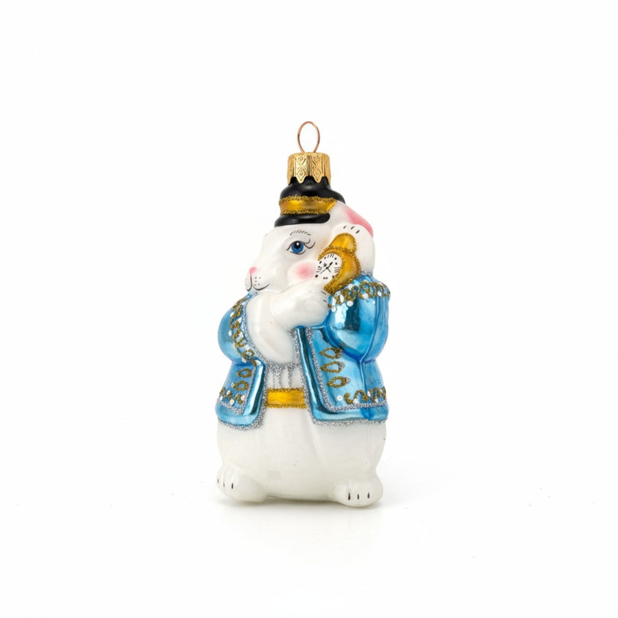 Hand-painted glass White Rabbit Christmas ornament with blue waistcoat and clock – Edmo collectible